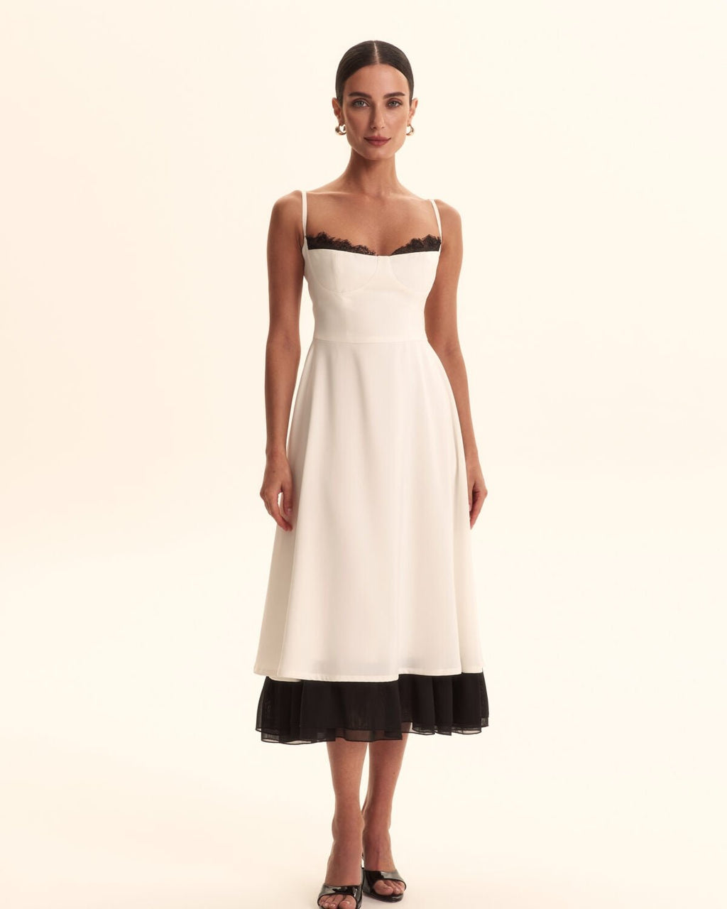 Noir Lace Trim Ivory Midi Dress - IntimaBay